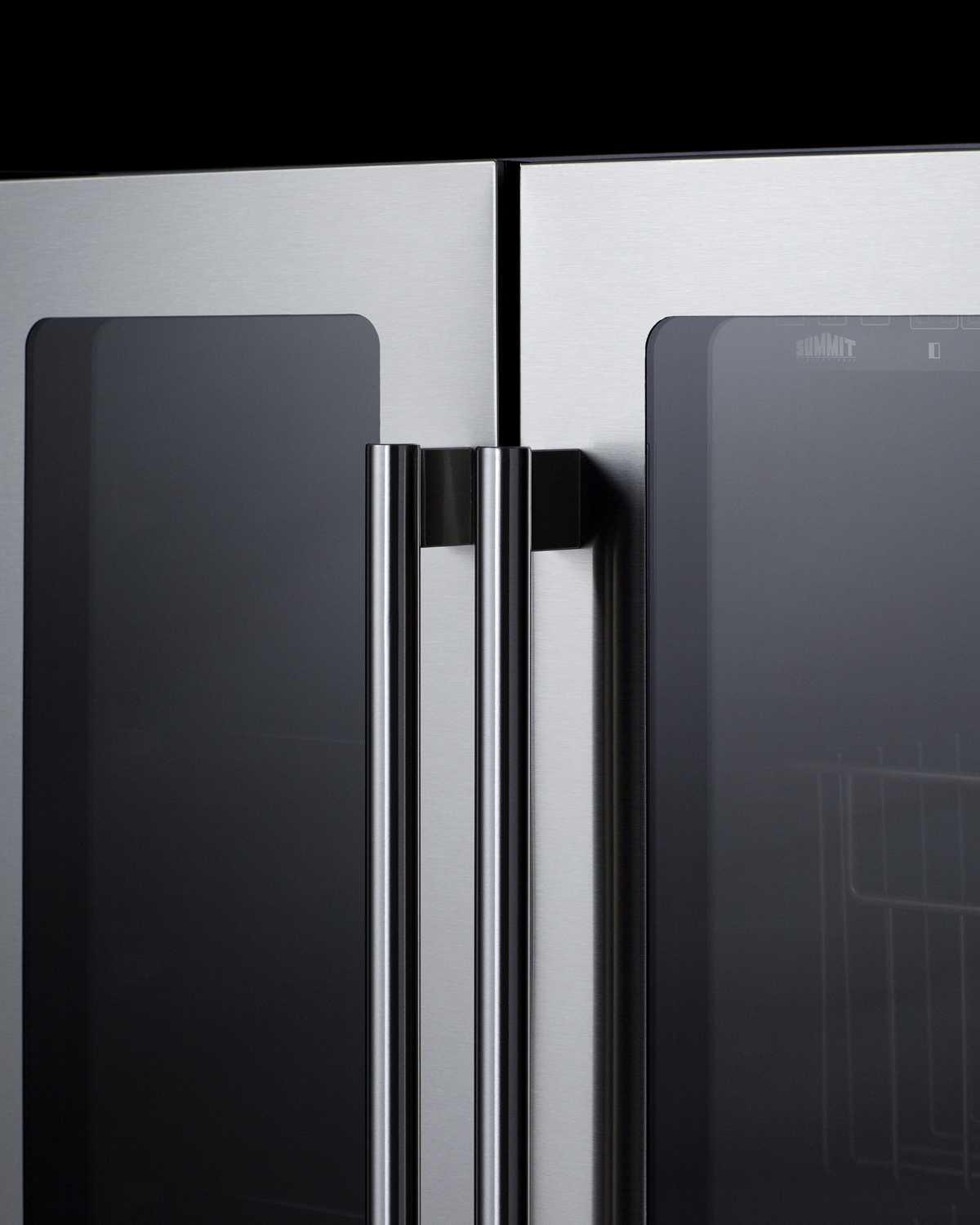 ADA compliant built-in or freestanding dual zone produce and beverage refrigerator with seamless stainless steel trimmed French doors, digital controls, and a black cabinet